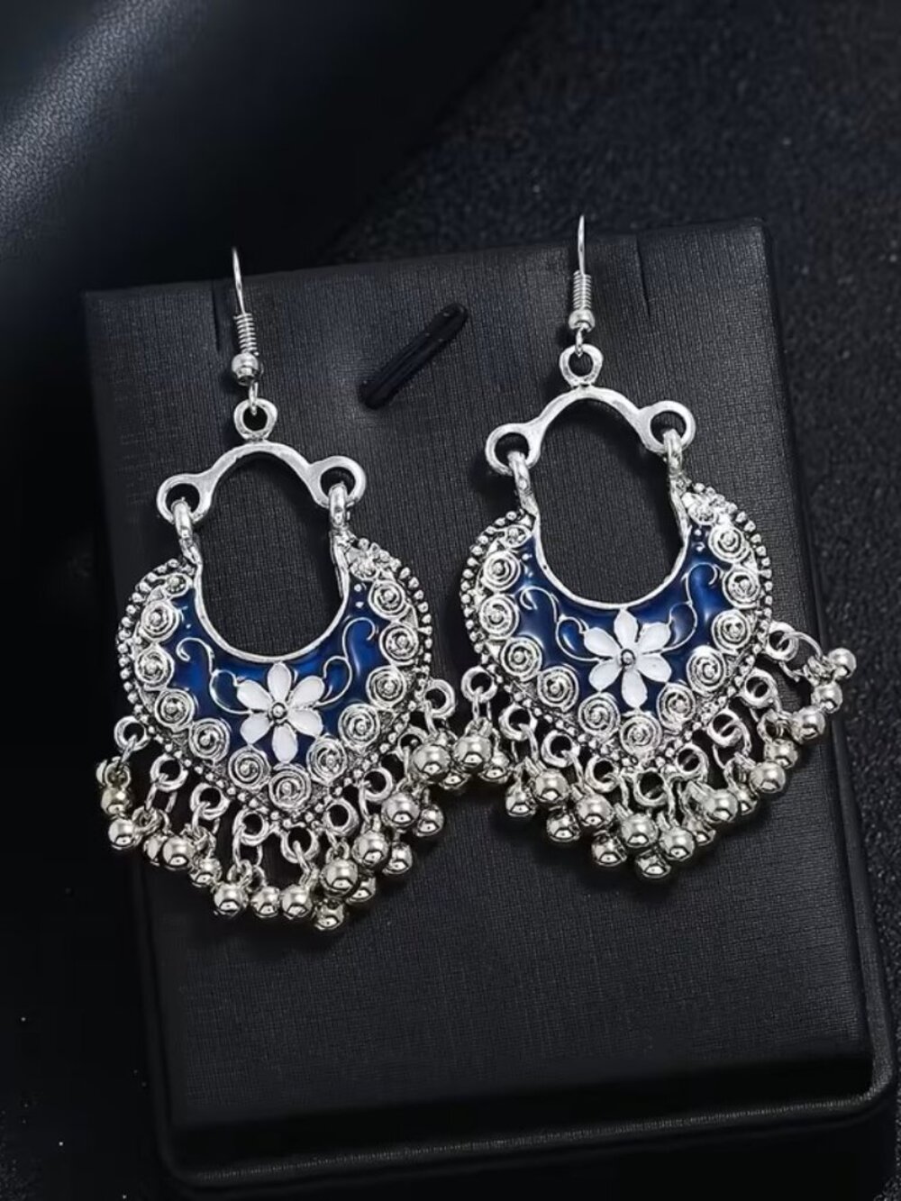 Blue & Silver Boho Floral Chandelier Earrings Dangle Drop Statement Jewelry